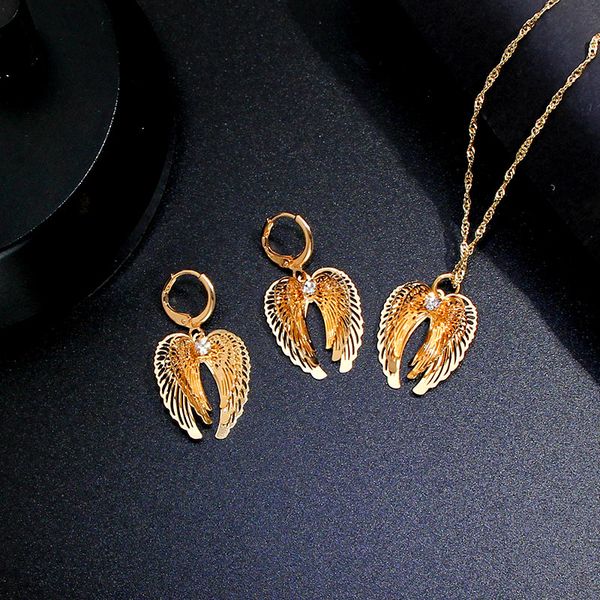

just feel elegant wings pendant necklace earrings fashion bridal jewelry sets for women gold color hollow chain necklace earring, Silver