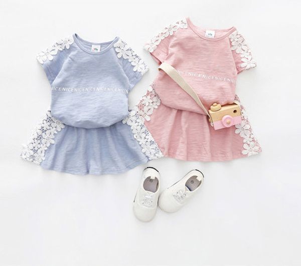 

2020 girls lace t-shirt + lace skirt summer new style patchwork kid's suit casual clothes suit girls sets 14, White