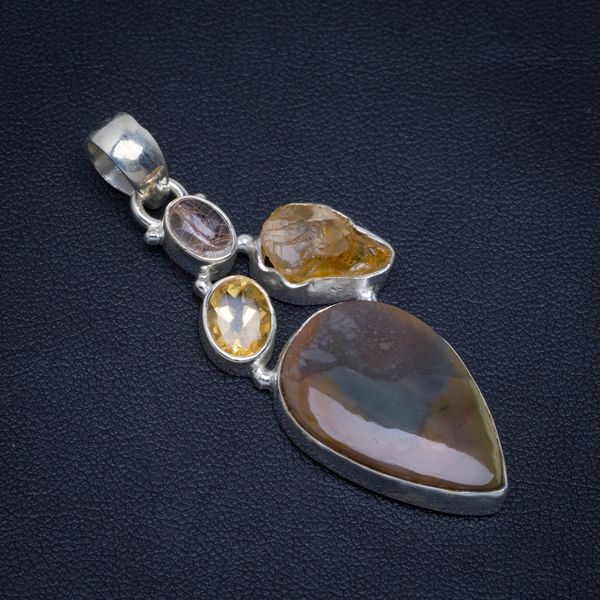 

natural rutilated quartz,citrine,jasper drusy druzy design 925 sterling silver pendant 2 1/4" m746