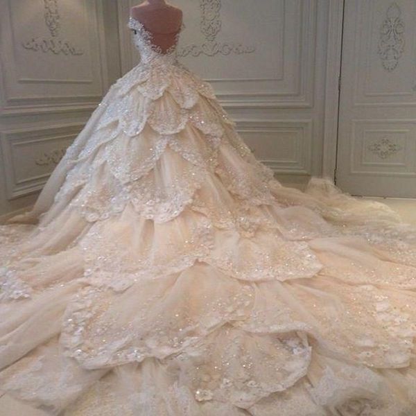 

dubai arabic a line off shoulder wedding dresses lace applique beads sequined crystals illusion back tiered tulle bridal gown, White