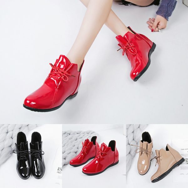 

women's pu leather shoes boots winter plus velvet heightening non-slip short boots patent ankle shoes bottes femme, Black
