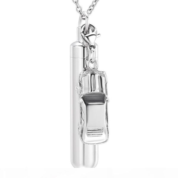 

hollow cylinder with car shape cremation memorial jewelry for ash stainless steel simple design, Silver