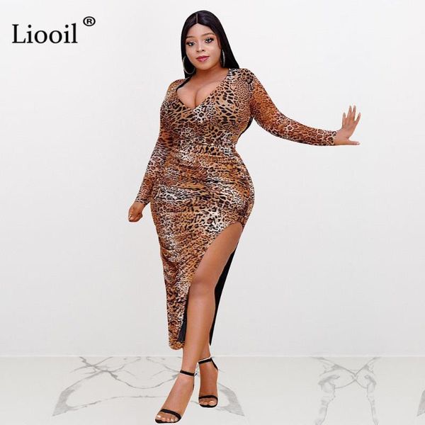 

liooil leopard print ruched slit midi dress plus size women club wear 2020 asymmetrical o neck night club party tight dresses, Black;gray