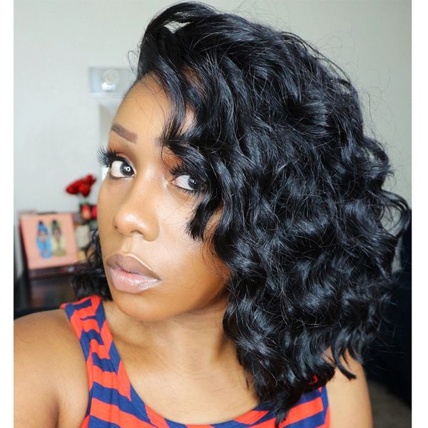 

rosabeauty #1b water wave lace front wigs short bob human hair wigs remy hair ing, Black