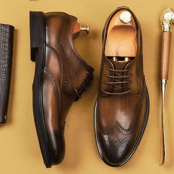

2019 flat men shoe genuine leather brogue shoes handmade vintage office formal wedding party mens derby shoes italian, Black