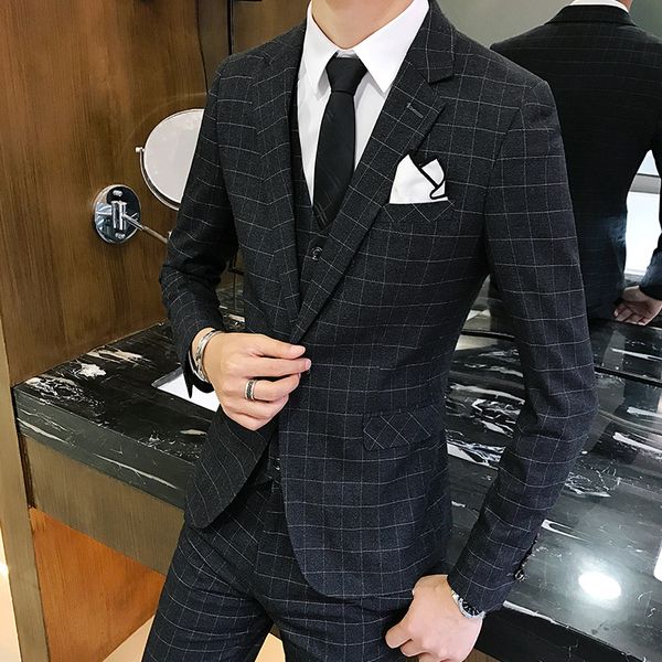 

costume de mariage homme 2019 men plaid 3pcs suit blazer (jacket+pant+vest) slim wedding groomsman dress male professional sets, White;black