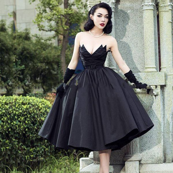 

black vintage strapless evening dress ball gowns puffy pleated custom made chic formal dresses vestidos de novia v neck classic, White;black