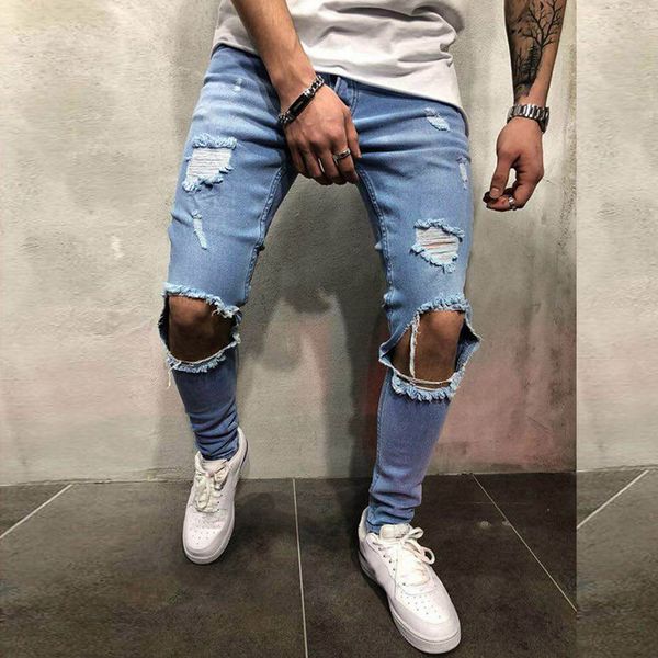 

men fashion 2019 skinny stretch denim pants distressed ripped freyed slim fit jeans trousers hole plus size 4xl black blue
