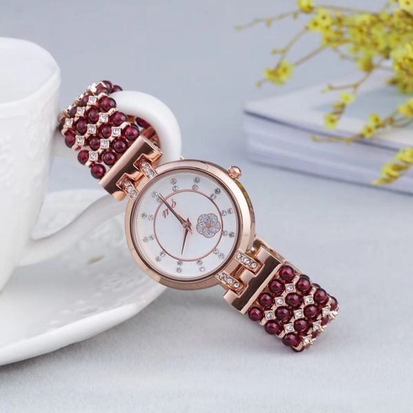 

natural garnet stone bracelet & 33mm watch diy jewelry for woman waterproof watch for summer beach wholesale, Golden;silver