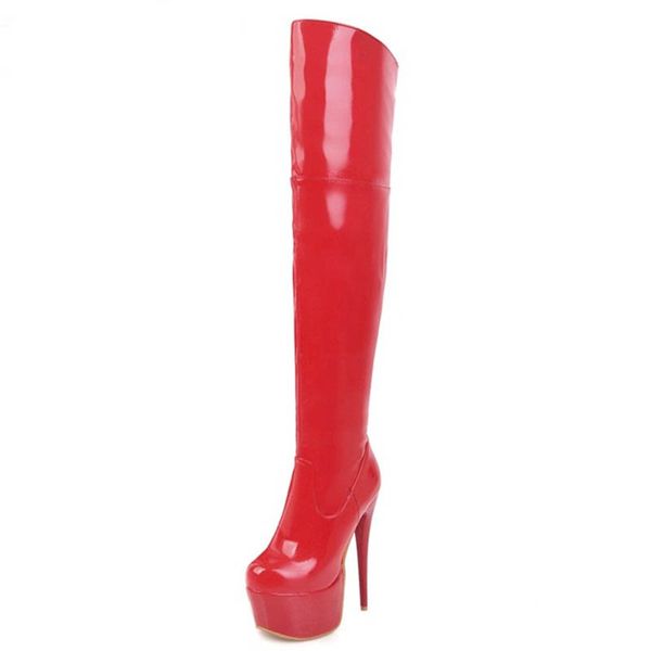 

women boots ladies high heels tall patent leather platform shoes over the knee boots for women red pole dancing boots, Black