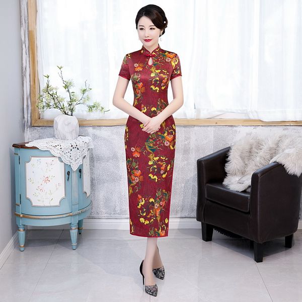 

шелковый китайский стиль qipao 2020 новый lady high split печати цветов cheongsam длинные короткие рукава вечерние платья партии vestidos, Red