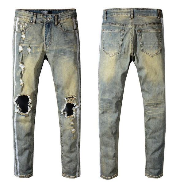 

2020 famous new fashion brand men's washed hole design casual blue slim lightweight denim stretch denim skinny silver streaking jeans p
