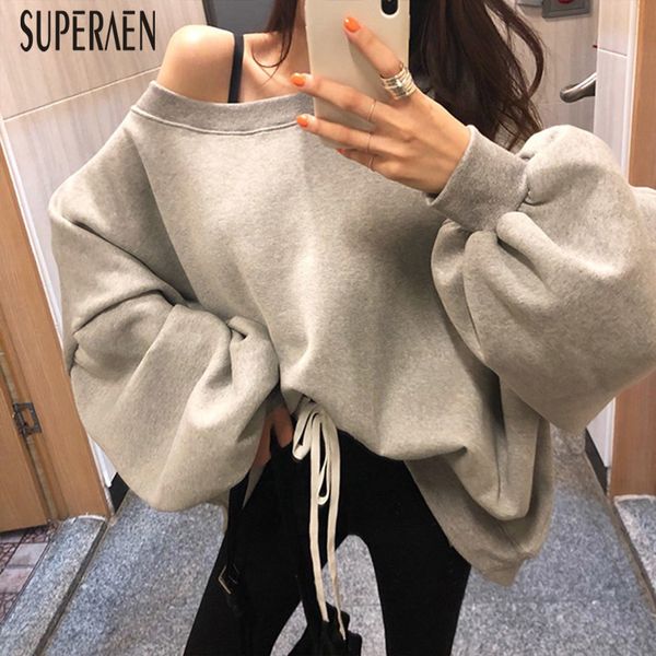 

superaen off shoulder hoody long-sleeve solid color sweatshirts women autumn and winter new 2019 velvet thick sweatshirts female, Black