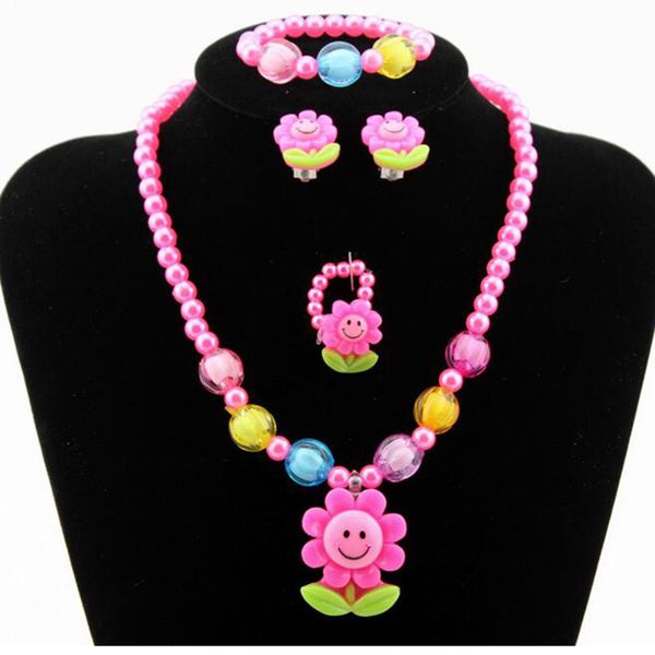 

4pcs kids baby girl kids imitation pearls candy bead flower necklace bracelet rings earrings jewelry sets children gift jjal t14, Silver