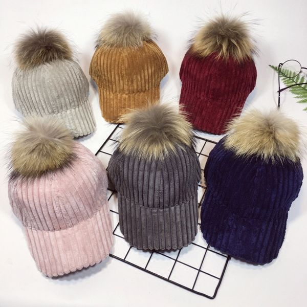 

fur pompom baseball caps for women sport hat cap corduroy bone snapback bonnet winter outdoor ladies female hats accessories, Blue;gray