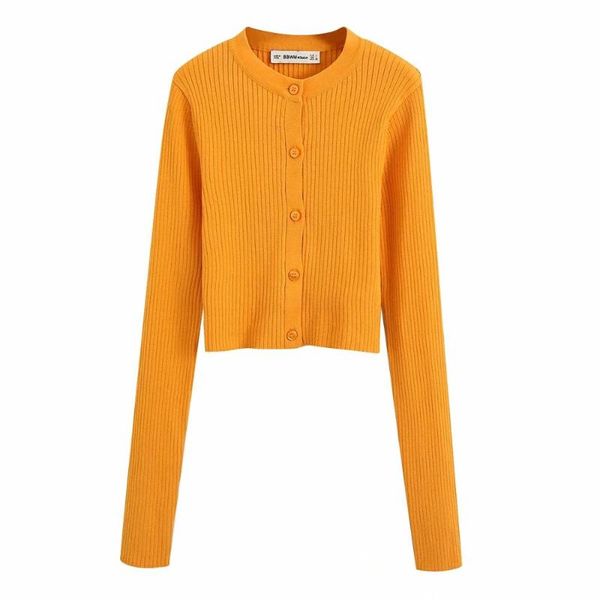 

2020 summer new women orange thin knitted rib sweater o-neck cardigan short slim fit long sleeve casual fashion woman top, White