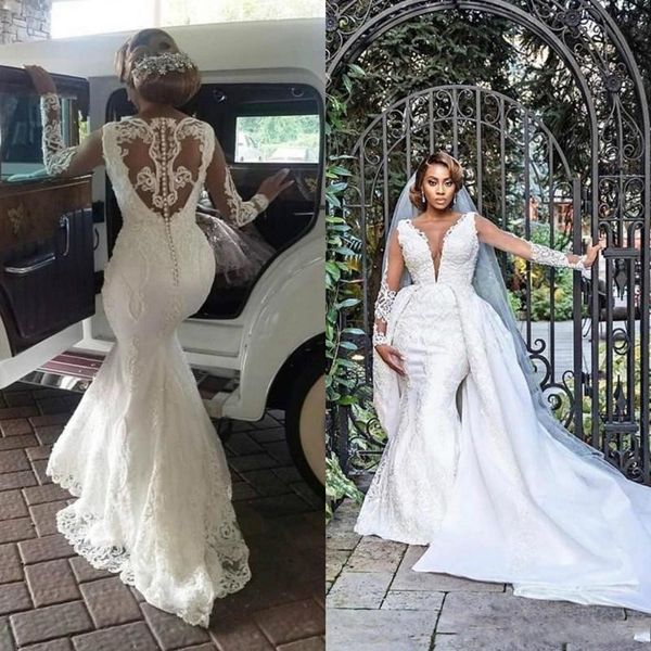 

2020 new mermaid wedding dresses with detachable train luxury lace applique beaded long sleeve plus size wedding gown