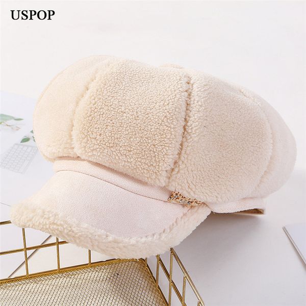 

uspop 2019 lamb hair warm caps women winter hats fashion solid color octagonal hats newsboy caps female thick octagonal cap, Blue;gray