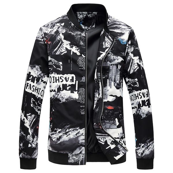 

new style men's autumn winter black and white flower print 2018 mens bomber jacket fat extra size jacket baseball coat