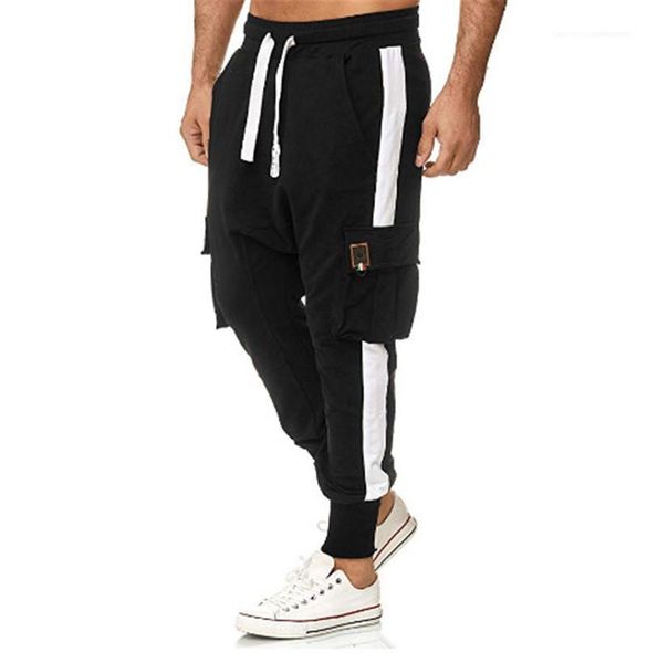 

overalls casual loose mid waist pocket feet pants male fashion style pants mens color matching, Black