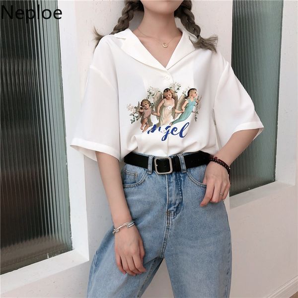 

дф с коротким рукавом блузки в стиле ретро мультфильм угол printed top blusas однобортной зубчатый воротник блуза fd, White