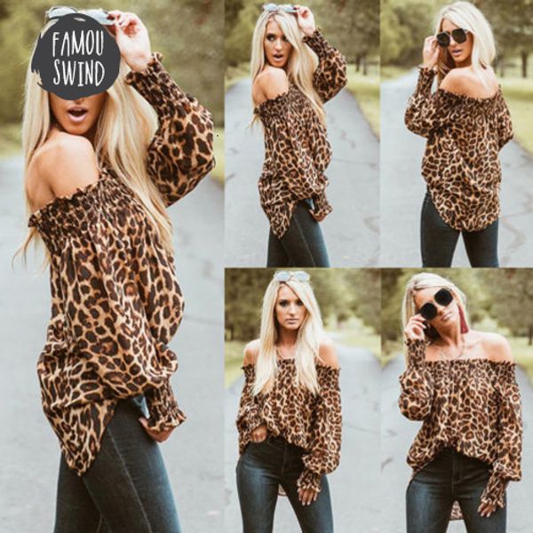 

women fashion classical blouse shirts leopard print off shoulder loose slash neck puff sleeve fashion, White