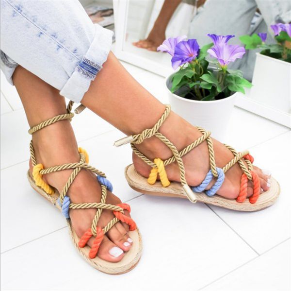 

rome women shoes summer slippers rope flat lace cross-tied slippers open toe sandals sandalia feminina chaussures femme, Black