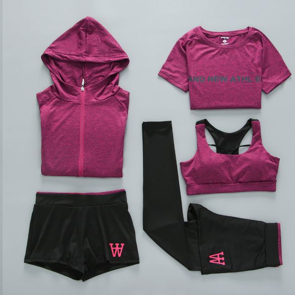 

a set of five women's wear, yoga suit, hoodie, t-shirt, bra, shorts and quick drying pants, fitness, outdoor sports suit, White;red
