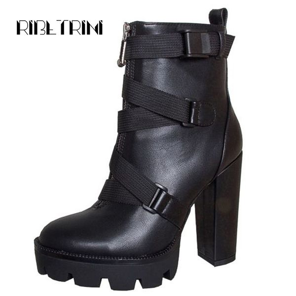 

ribetrini ankle boots for women thick high heels platform boots women round toe zipper shoes woman big size 36-43, Black