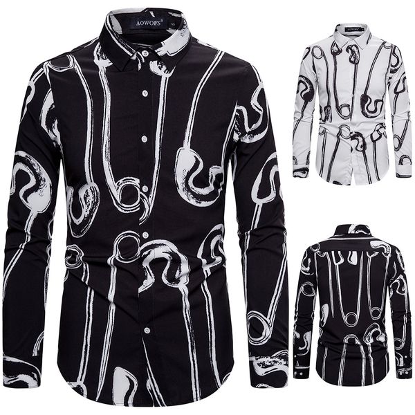 

2020 spring new casual british-style fashion mens long sleeve shirt digital pin printed men's luxury tee slim fit turn down collar, White;black