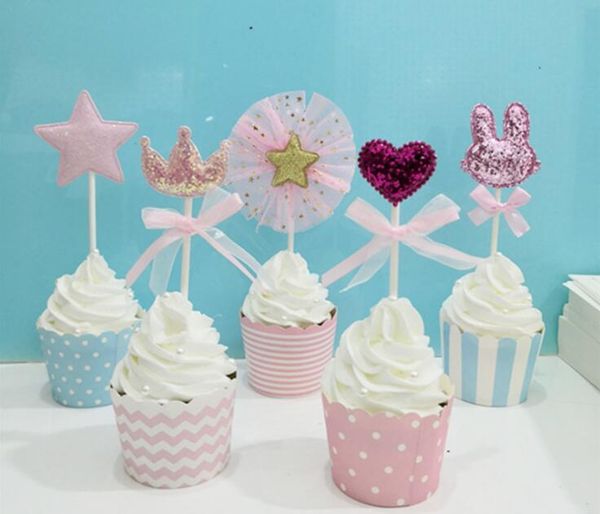 

glitter cute cupcake topper heart crown star rabbit shape cake topper cake decoration party girls birthday decor