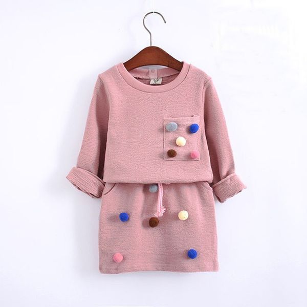 

sunma girls winter clothing set long sleeve shirt with ball with pencil skirt pink and blue color fashion clothes set kids children, White