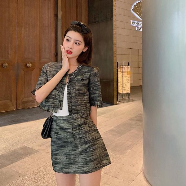 

women summer 2 piece tweed set korean style elegant single breasted tassle short sleeve and high waist mini skirt suits, White