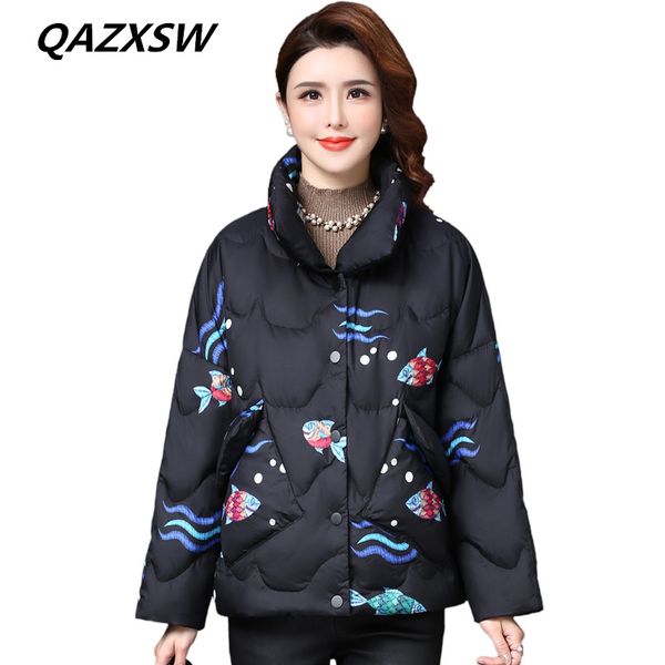 

qazxsw 2018 new women's winter down jacket short paragraph collar white duck down padded shoulder sleeve printed warm coat le313, Black