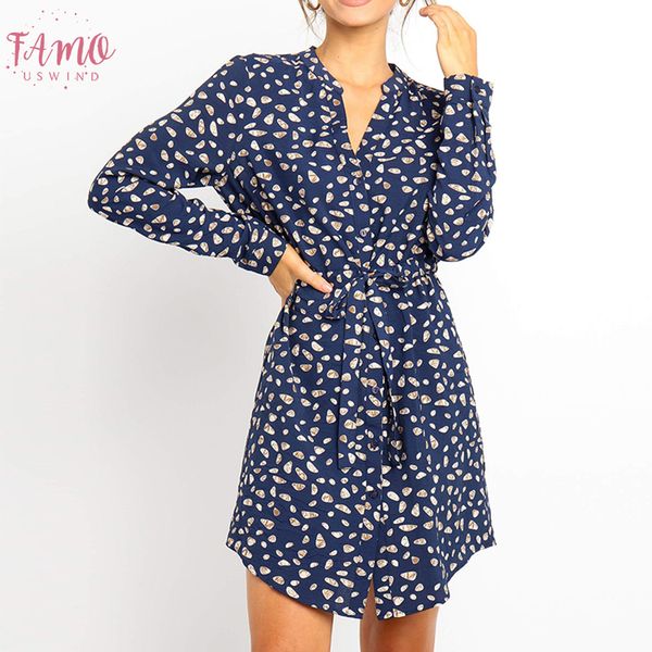 

new 2020 autumn printing shirt dress women long sleeve v neck asymmetrical hem casual dresses polyester female elegant office work wear, Black;gray