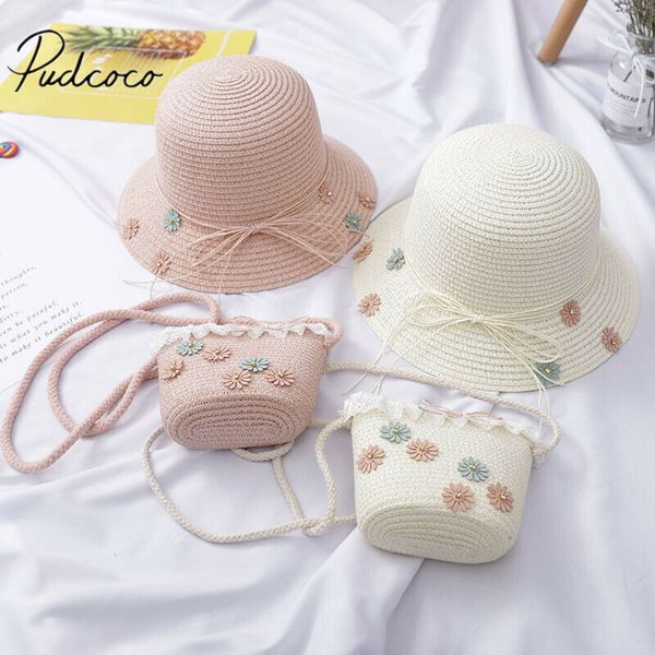 

2019 baby summer clothing girl kids holiday beach bucket breathable cap straw sun hat+shoulder handbag bag 2pcs props gift, Yellow
