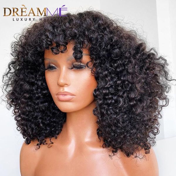 

short curly human hair wig with bangs 150% density remy brazilian hair bob wig lace front 13x6 deep part closure pre plucked, Black;brown