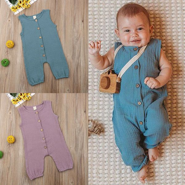 

pudcoco summer newborn baby boy romper solid color sleeveless button cotton romper playsuit outfit sunsuit clothes, Blue