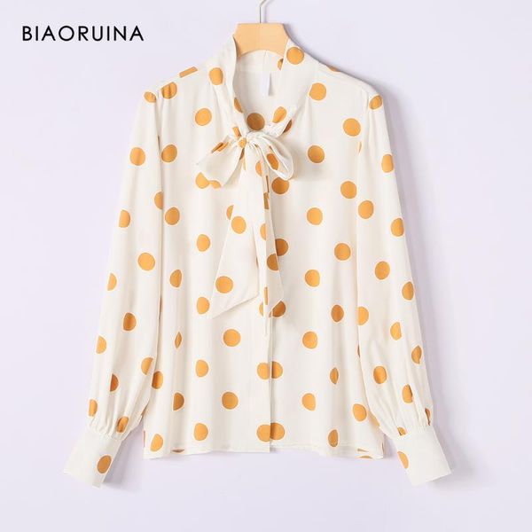 

biaoruina 3 colors women's polka dot printed fashion chiffon shirt long sleeve bow collar office lady elegant all-match blouse, White