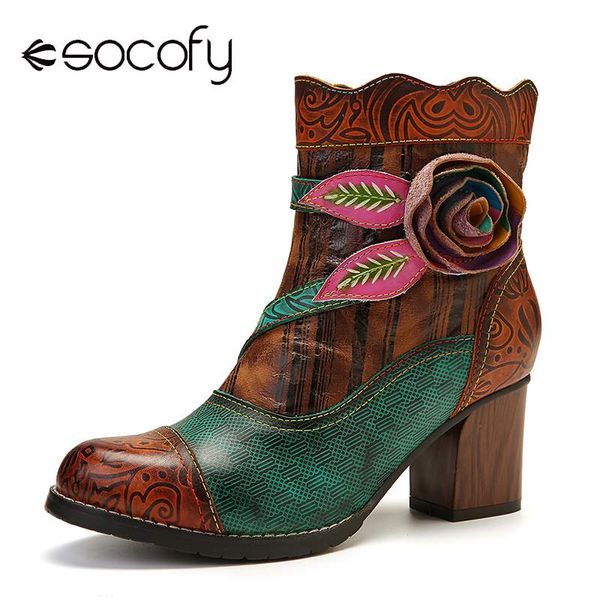 

socofy retro boots handmade floral cow leather stitching comfy high heel boots elegant shoes women botines mujer 2019, Black