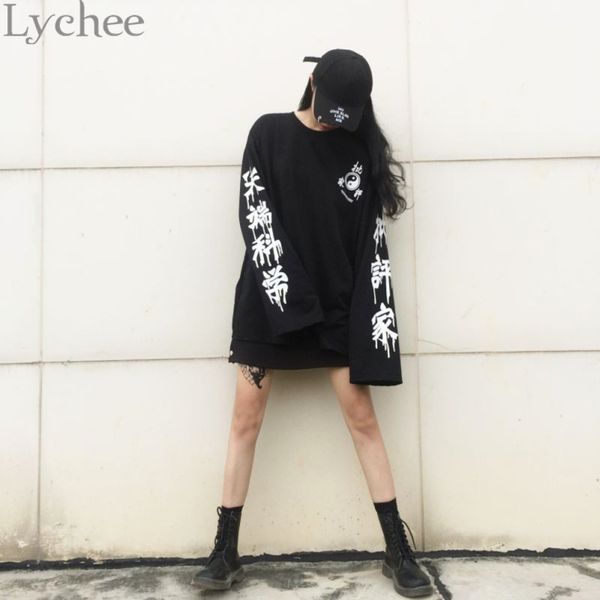 

lychee harajuku punk gothic women streetwear cutting edge science letter print pullover long sleeve tracksuit, Black