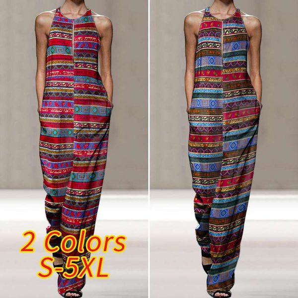 

s-5xl women cotton jumpsuit summer sleeveless rompers vonda 2020 beach vintage printed long pants trousers party playsuit femme, Black;white