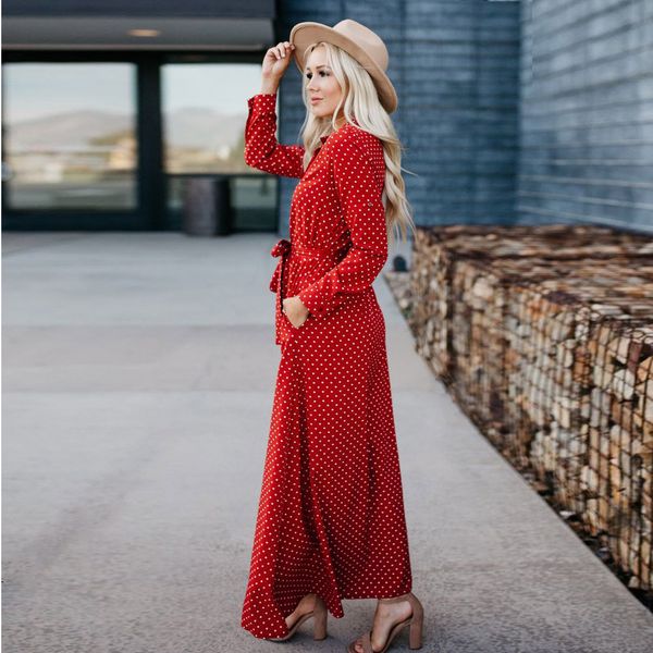 

women autumn long sleeve vintage polka dot party dresses ladies casual button swing long dress, Black;gray