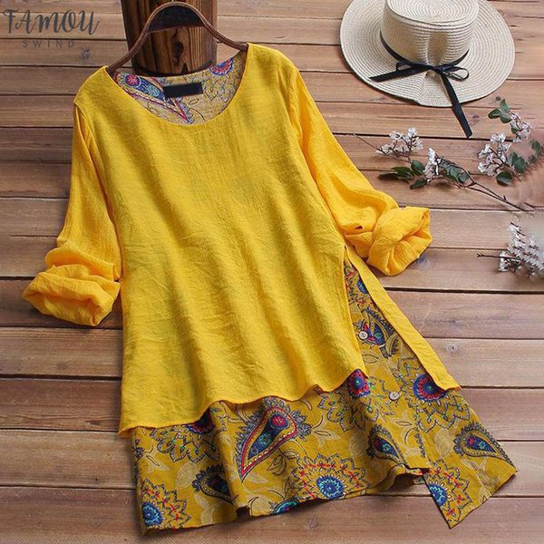 

plus size womens panelled tunic vintage blouse patchwork long sleeve irregular floral print o neck shirt women 2020 loose ladies blouses, White