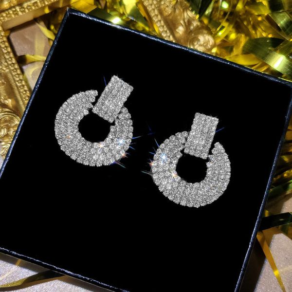 

flatfoosie trendy new rhinestone circle drop earring crystal gold silver color geometric dangle earrings female jewelry gifts