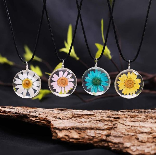 

creative dried flower crystal glass pendant necklace black leather rope round drop necklaces handmade diy sweater chain time gem women gifts, Silver