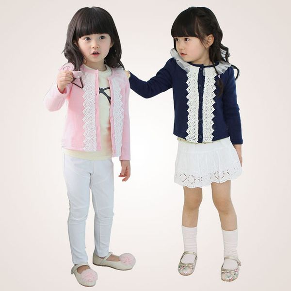 

girl spring clothing long sleeve lace cardigan jacket kids autumn outwear pink/blue 2 colors for 1~7 years, White;black