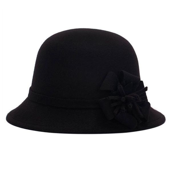 

women imitation wool cloche bowler cap warm elegant vintage bucket hat autumn winter wide brim fashion adults flower felt round, Blue;gray