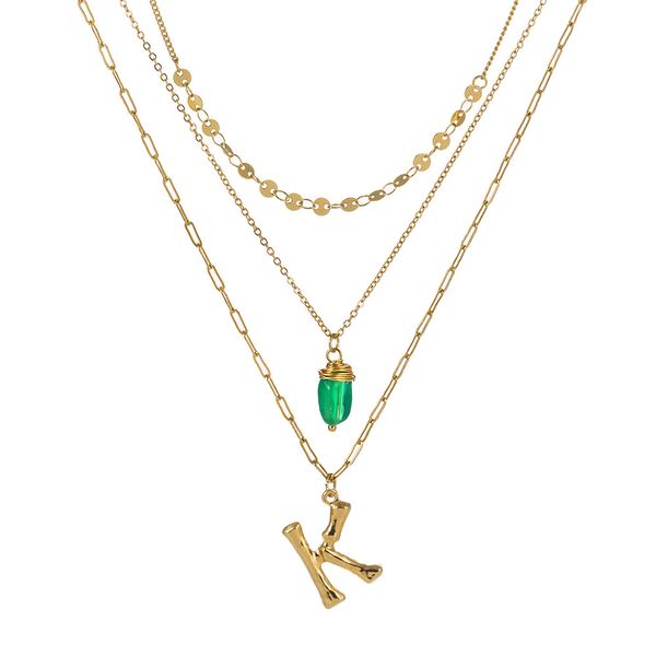 

3pcs/set letter with natural green stone pendant necklace statement personalized lady long layered chain collar, Silver