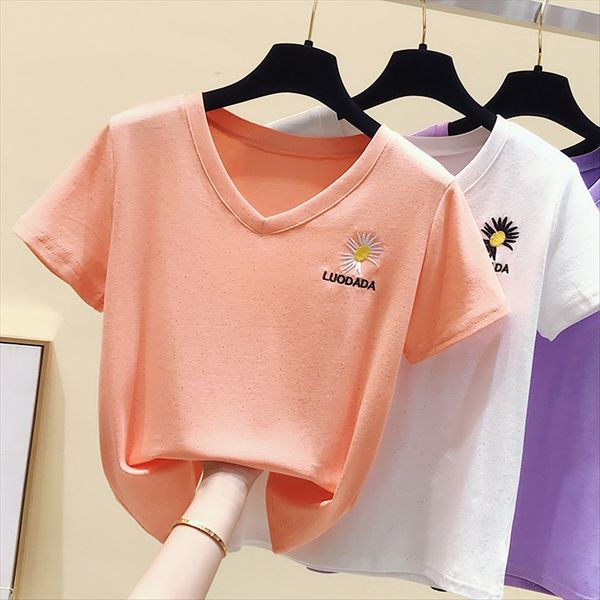 

v-collar shining little daisy t-shirt women's short sleeve 2020 loose all-match western style ins t-shirt top, White